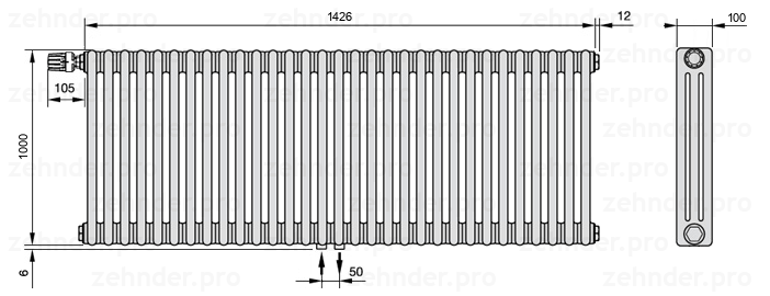 Схема (чертеж) Радиатор Zehnder Charleston 3100/31 №V007 Белый глянцевый RAL 9016